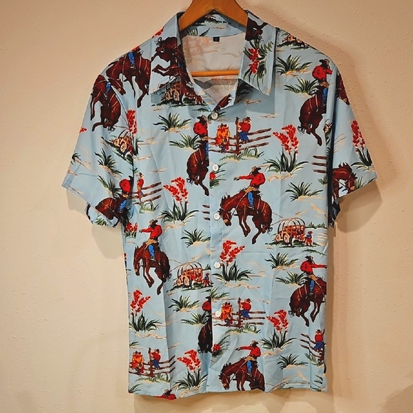 SHEIN Other - NWOT Men's Button Down Blue Cowboy Western Bronco Print Shirt Sz. S